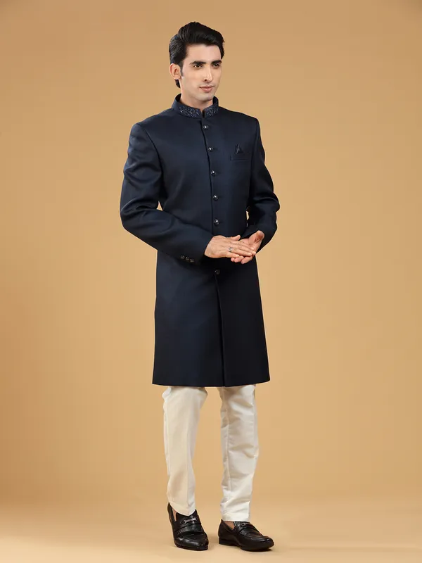 Navy terry rayon light embroidery indowestern