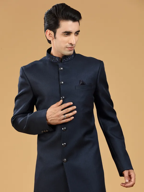 Navy terry rayon light embroidery indowestern