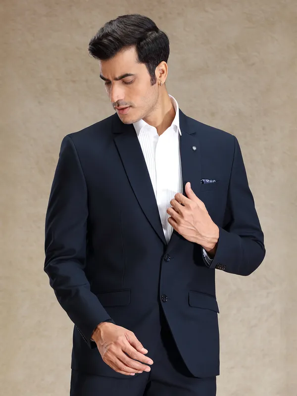 Navy terry rayon notch lapel textured blazer