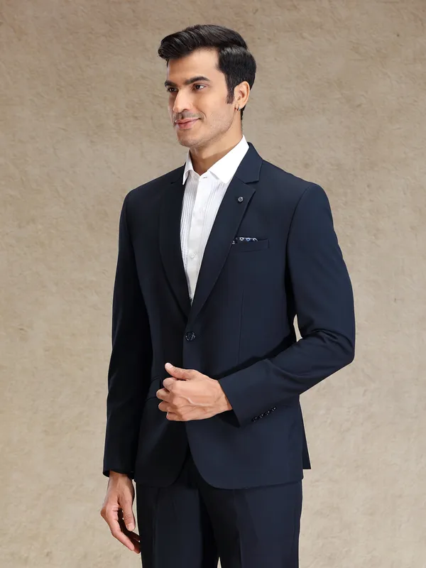 Navy terry rayon notch lapel textured blazer