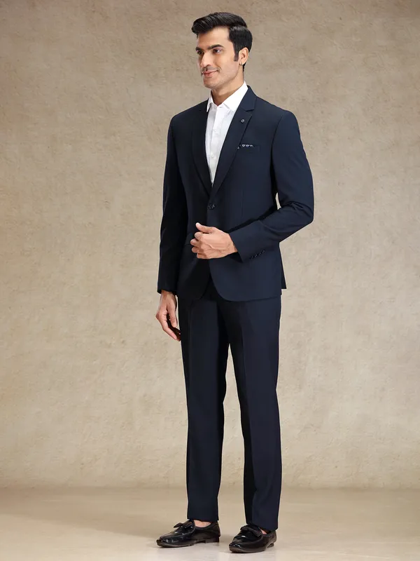 Navy terry rayon notch lapel textured coat suit