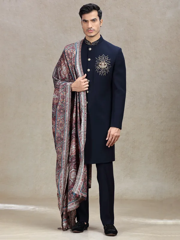 Navy terry rayon sherwani with peacock patch work