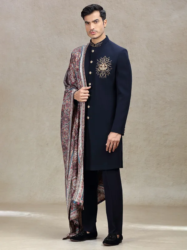 Navy terry rayon sherwani with peacock patch work