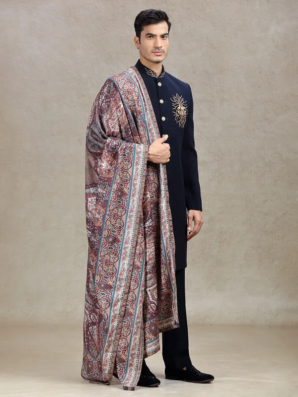 Navy terry rayon sherwani with peacock patch work