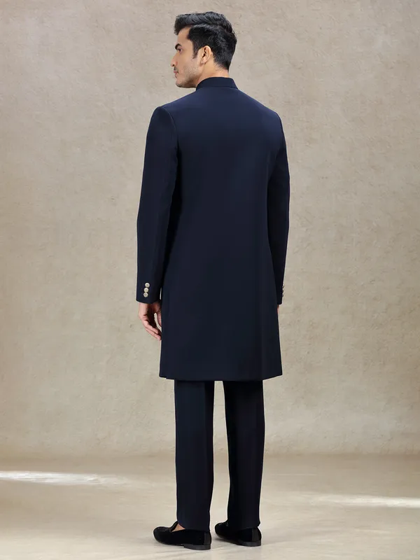 Navy terry rayon sherwani with peacock patch work