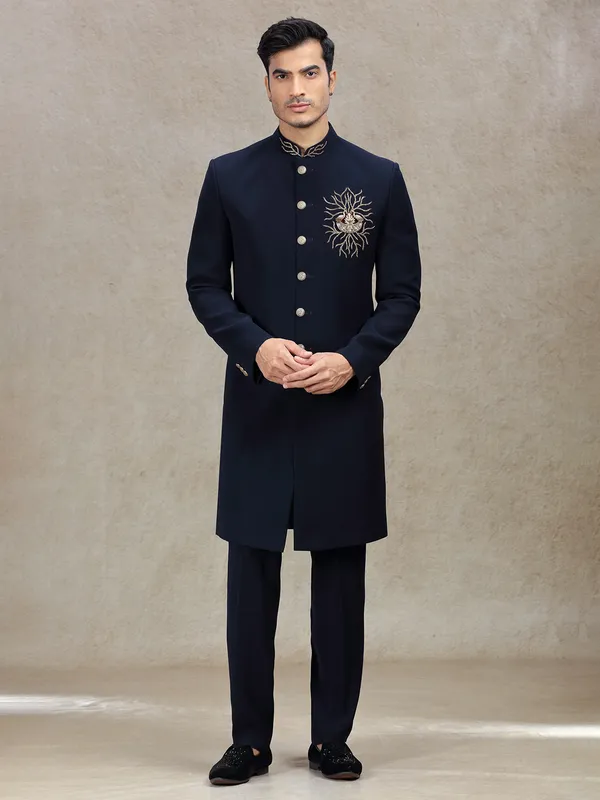 Navy terry rayon sherwani with peacock patch work