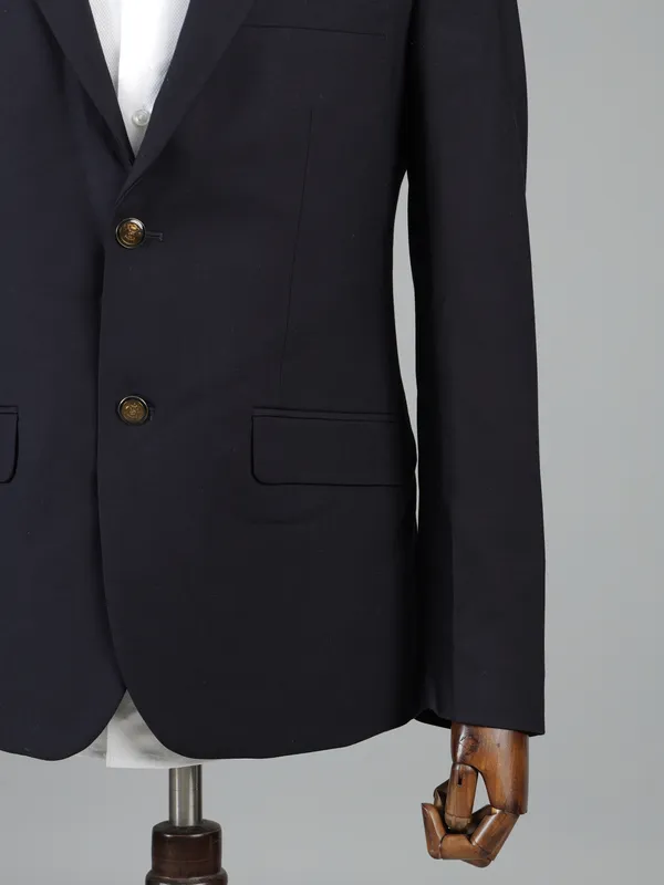 Navy terry rayon solid two button blazer for mens