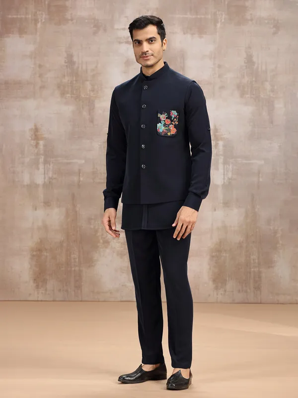 Navy terry rayon waistcoat set for reception look