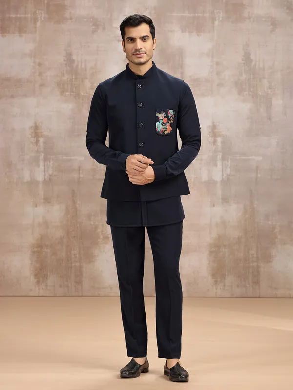 Navy terry rayon waistcoat set for reception look