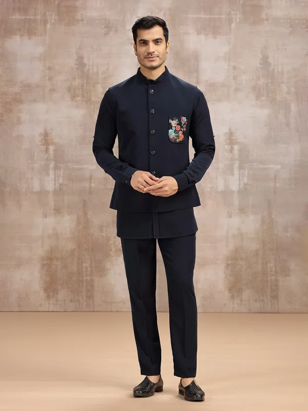 Navy terry rayon waistcoat set for reception look