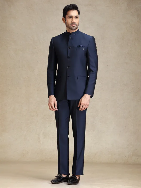 Navy textured bandh gala jodhpuri jacket suit