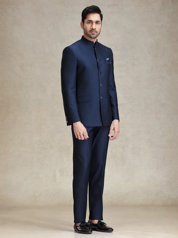 Navy textured bandh gala jodhpuri jacket suit
