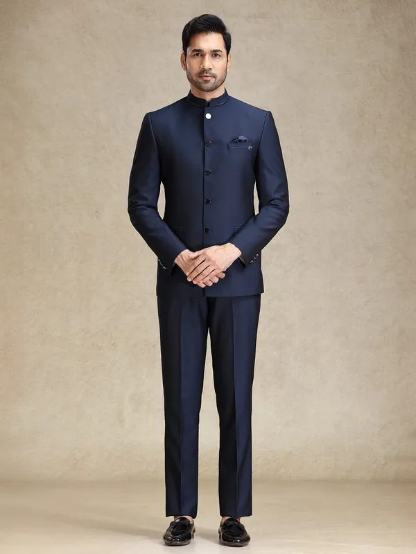 Navy textured bandh gala jodhpuri jacket suit