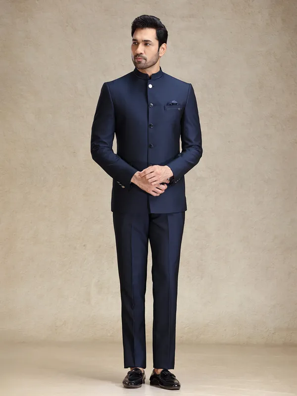 Navy textured bandh gala jodhpuri jacket suit