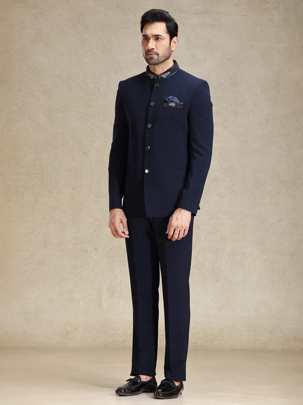 Navy textured bandh gala jodhpuri set for men