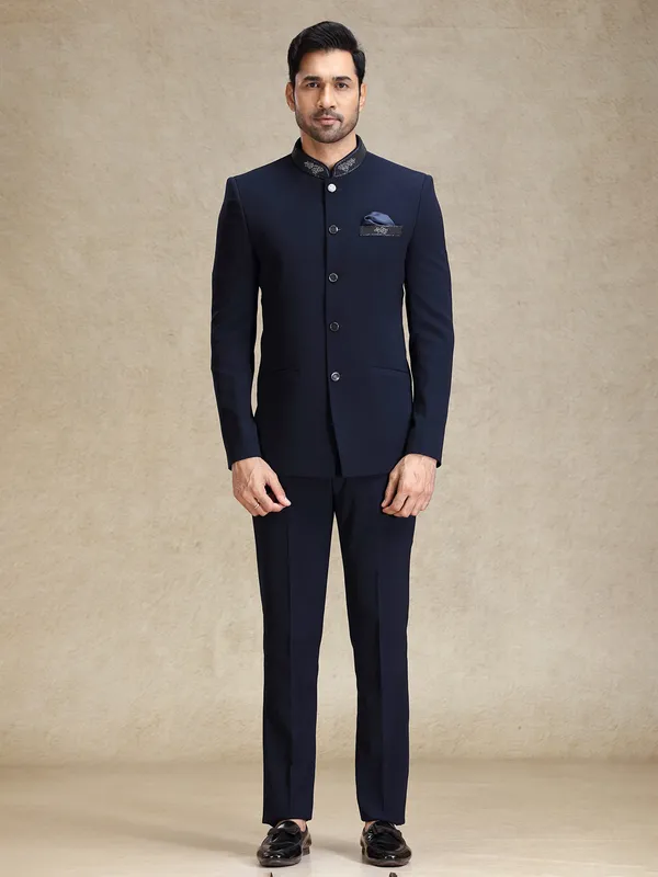 Navy textured bandh gala jodhpuri set for men
