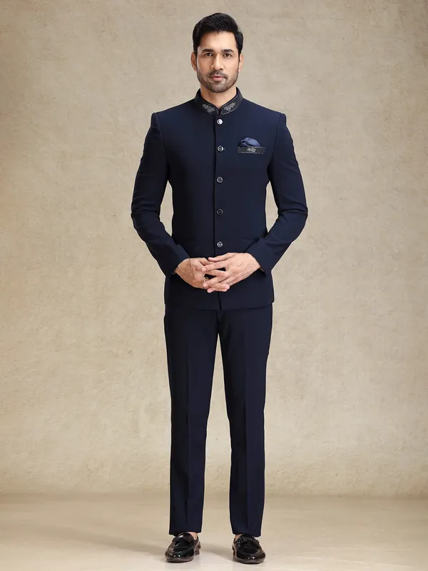 Navy textured bandh gala jodhpuri set for men