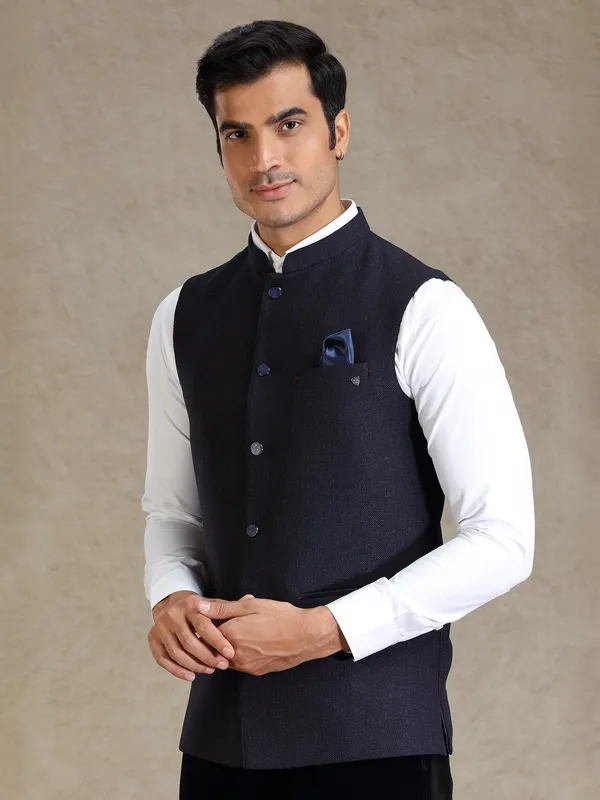 Navy textured bandhgala jacket for men