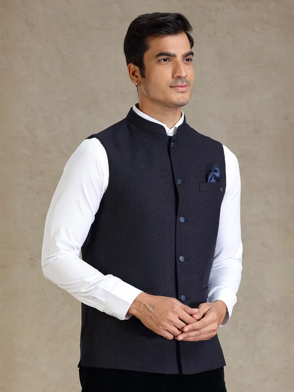 Navy textured bandhgala jacket for men