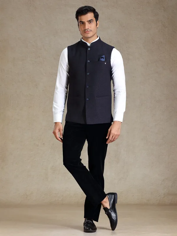 Navy textured bandhgala jacket for men