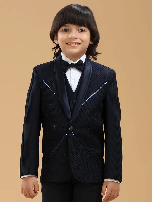 Navy textured boys coat suit in terry rayon