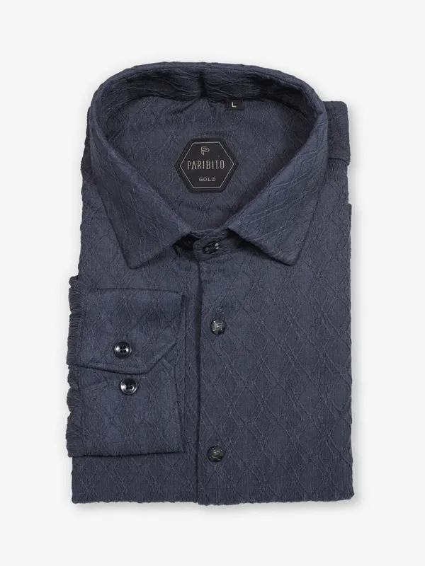 Navy textured cotton slim fit shirt for party