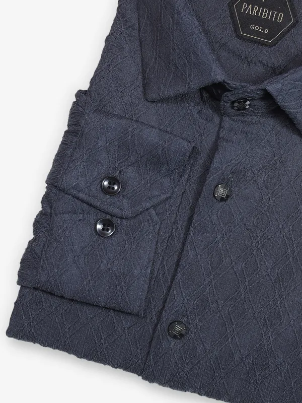 Navy textured cotton slim fit shirt for party
