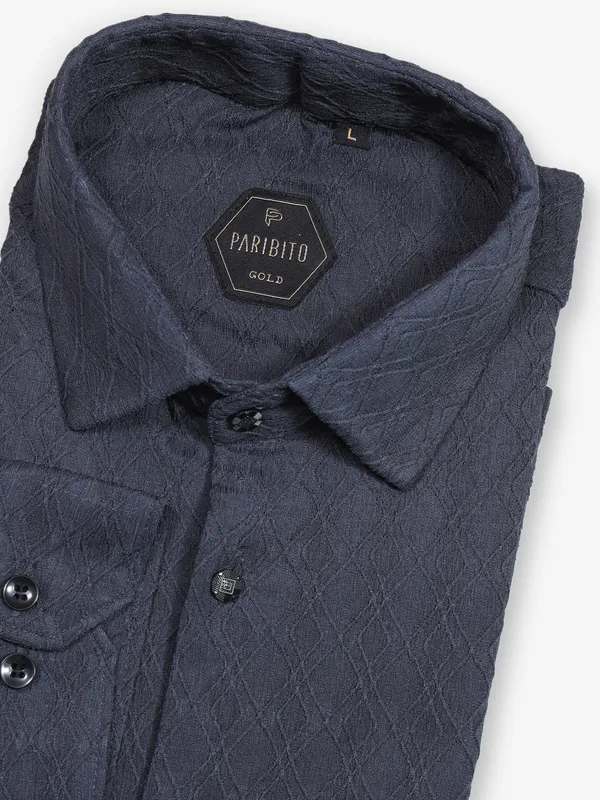 Navy textured cotton slim fit shirt for party