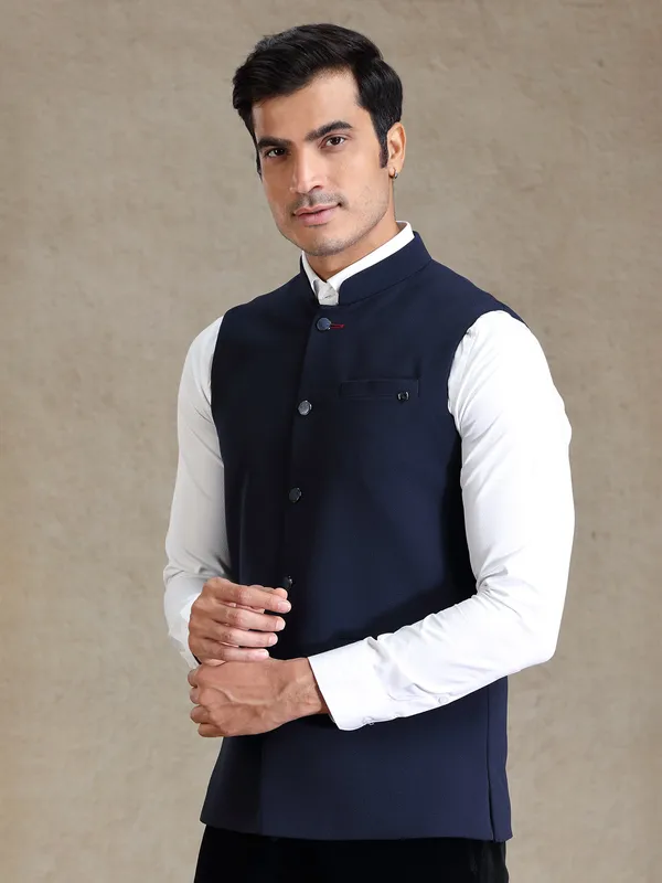 Navy textured nehru jacket for men