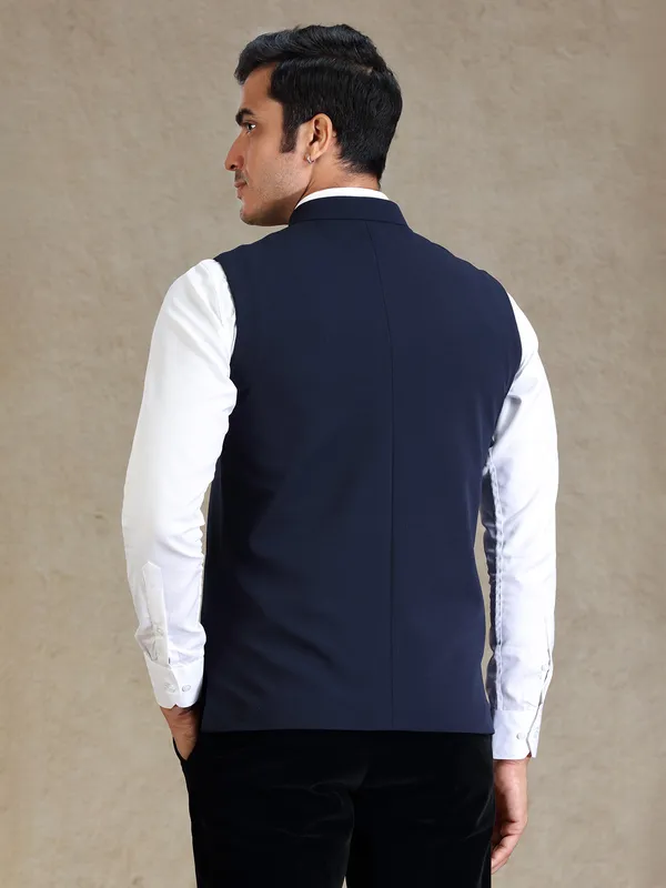 Navy textured nehru jacket for men
