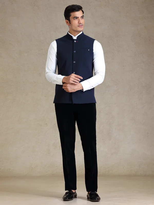 Navy textured nehru jacket for men