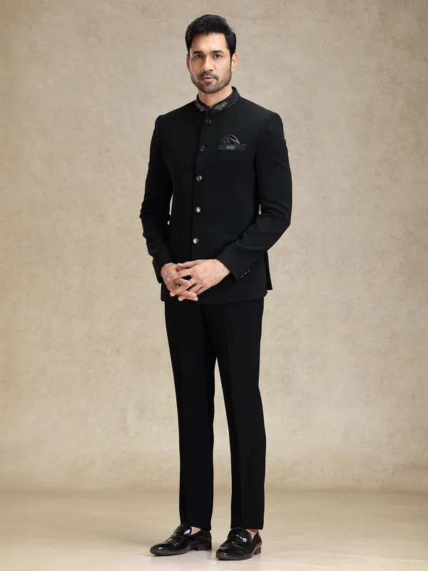 Black textured terry rayon bandhgala set