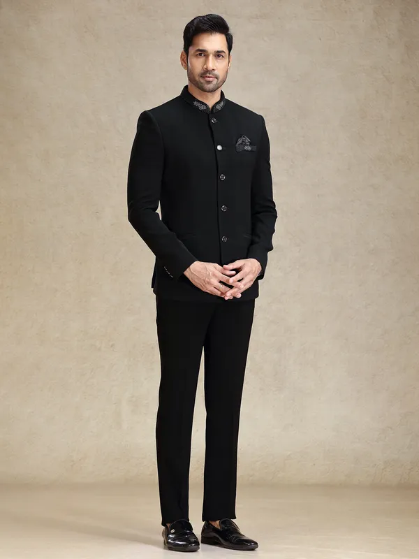 Black textured terry rayon bandhgala set