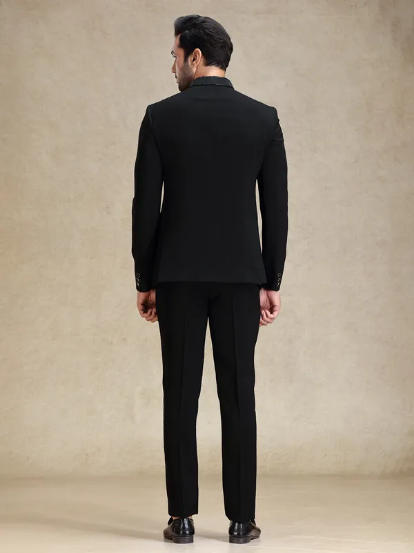 Black textured terry rayon bandhgala set