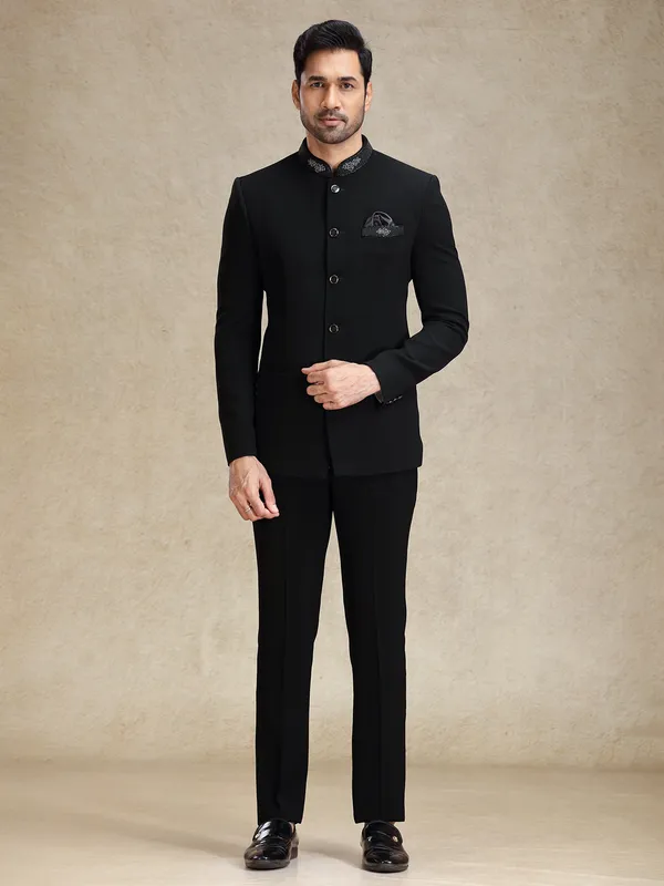 Black textured terry rayon bandhgala set