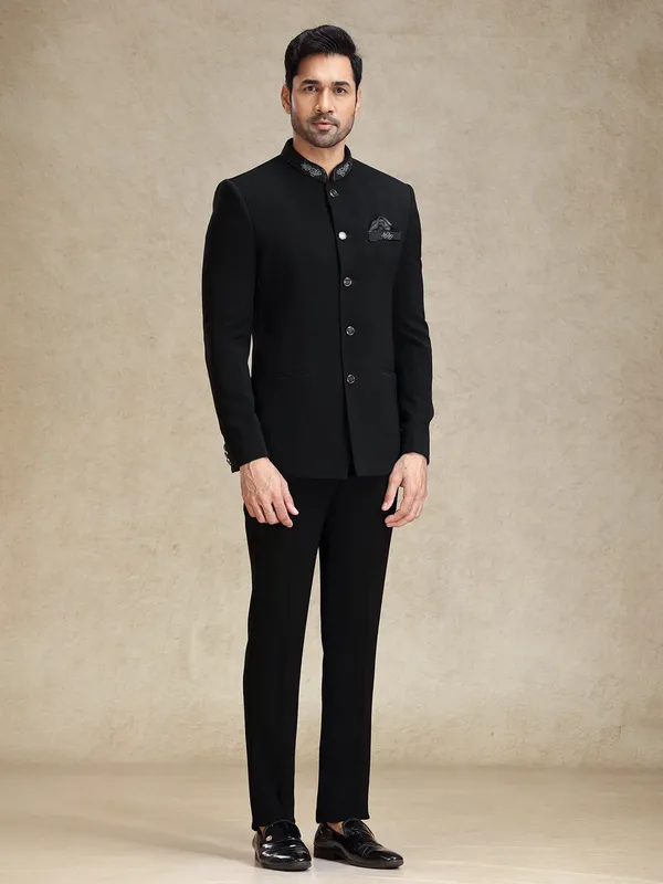 Black textured terry rayon bandhgala set