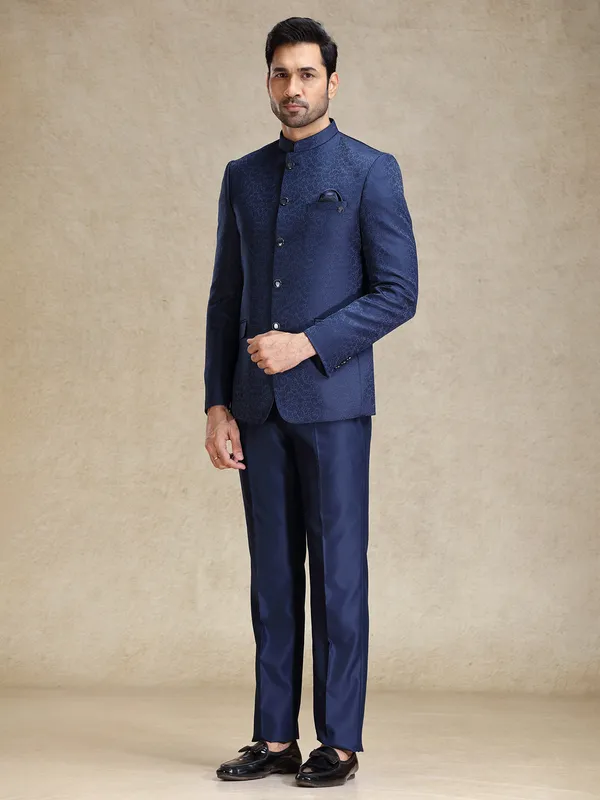 Navy textured terry rayon jodhpuri suit