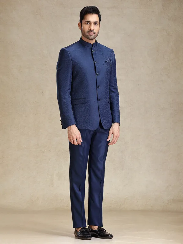 Navy textured terry rayon jodhpuri suit
