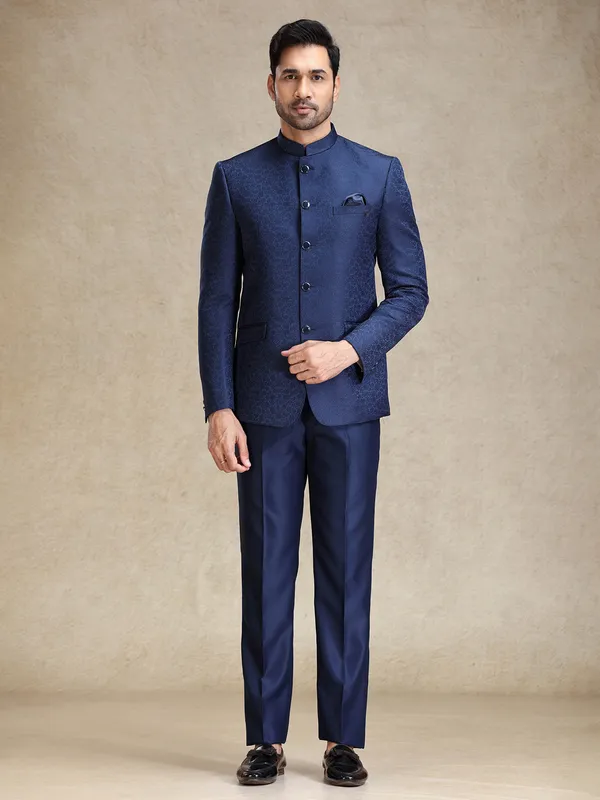 Navy textured terry rayon jodhpuri suit