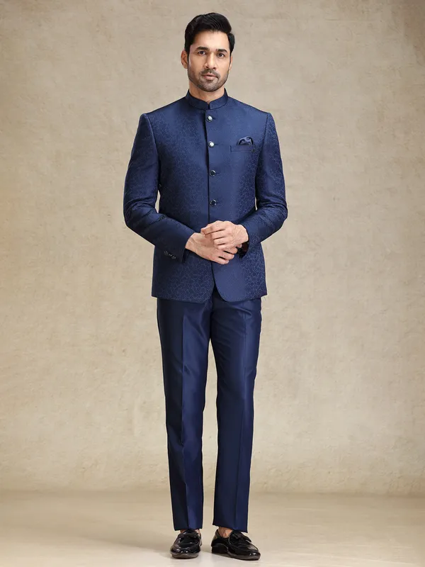 Navy textured terry rayon jodhpuri suit