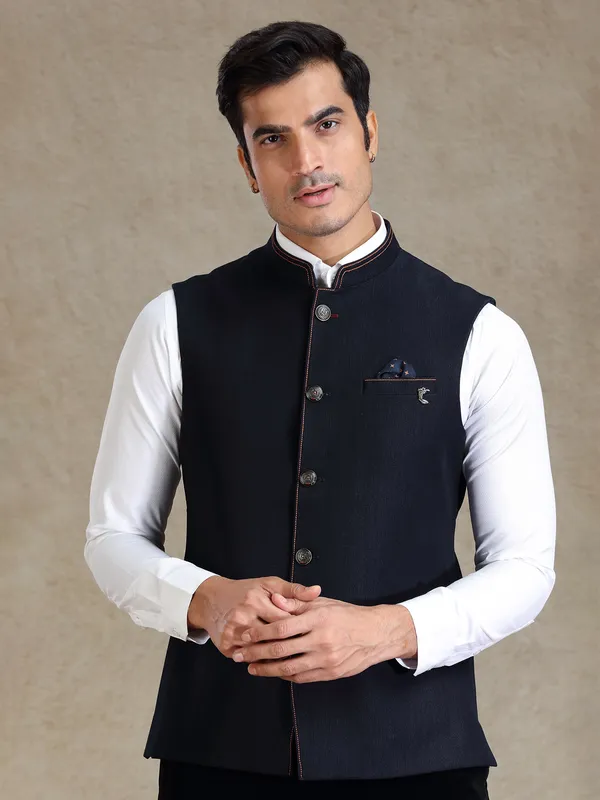 Navy textured waistcoat for men