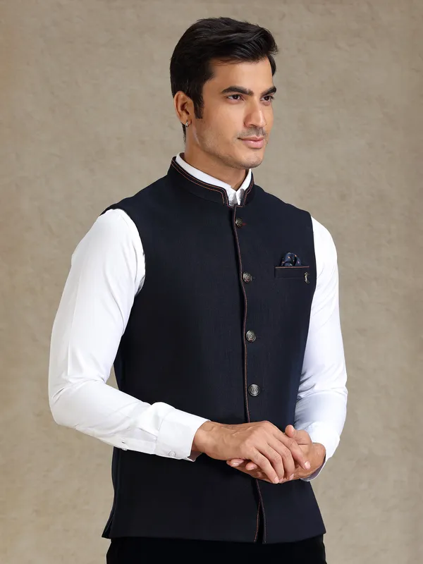 Navy textured waistcoat for men