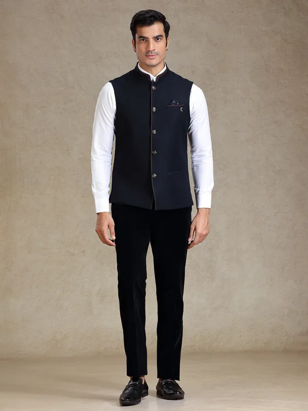 Navy textured waistcoat for men