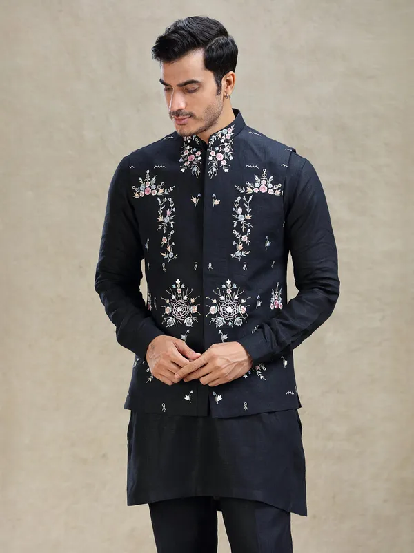 Navy timeless linen waistcoat set with embroidery work