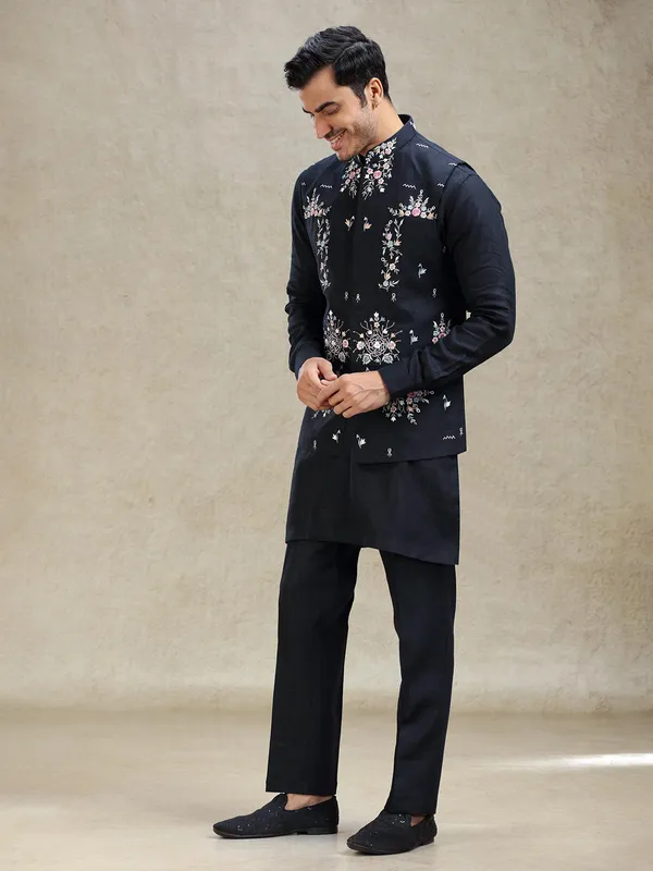 Navy timeless linen waistcoat set with embroidery work