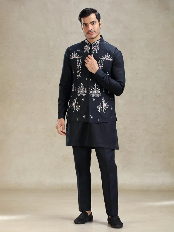 Navy timeless linen waistcoat set with embroidery work