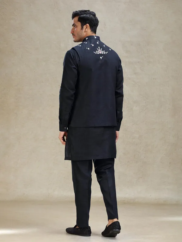 Navy timeless linen waistcoat set with embroidery work