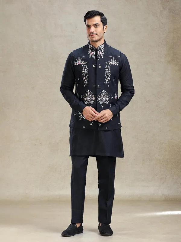 Navy timeless linen waistcoat set with embroidery work