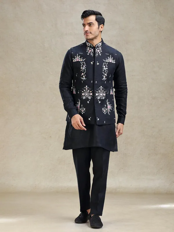 Navy timeless linen waistcoat set with embroidery work