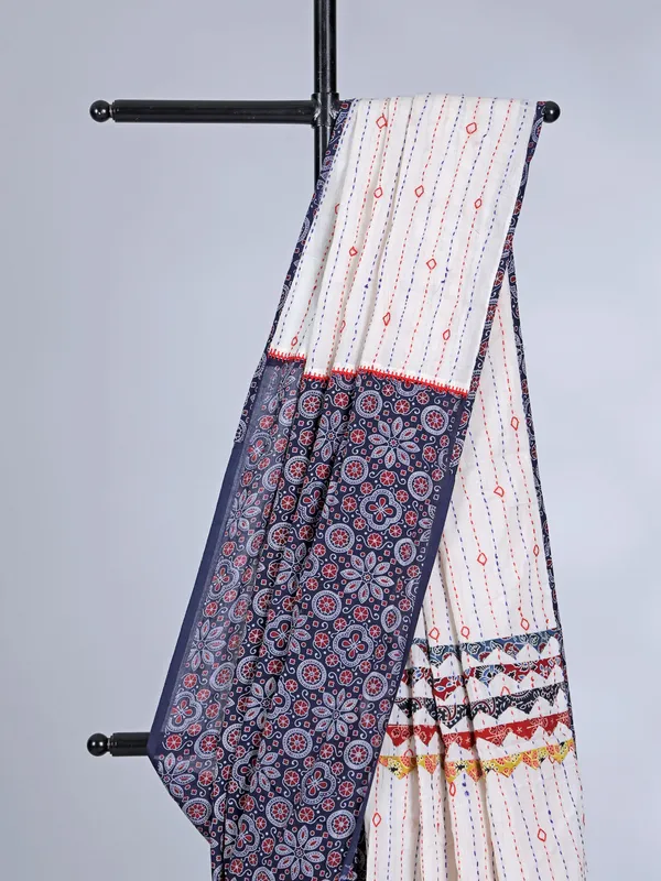 Navy tusser silk printed saree for festival wear
